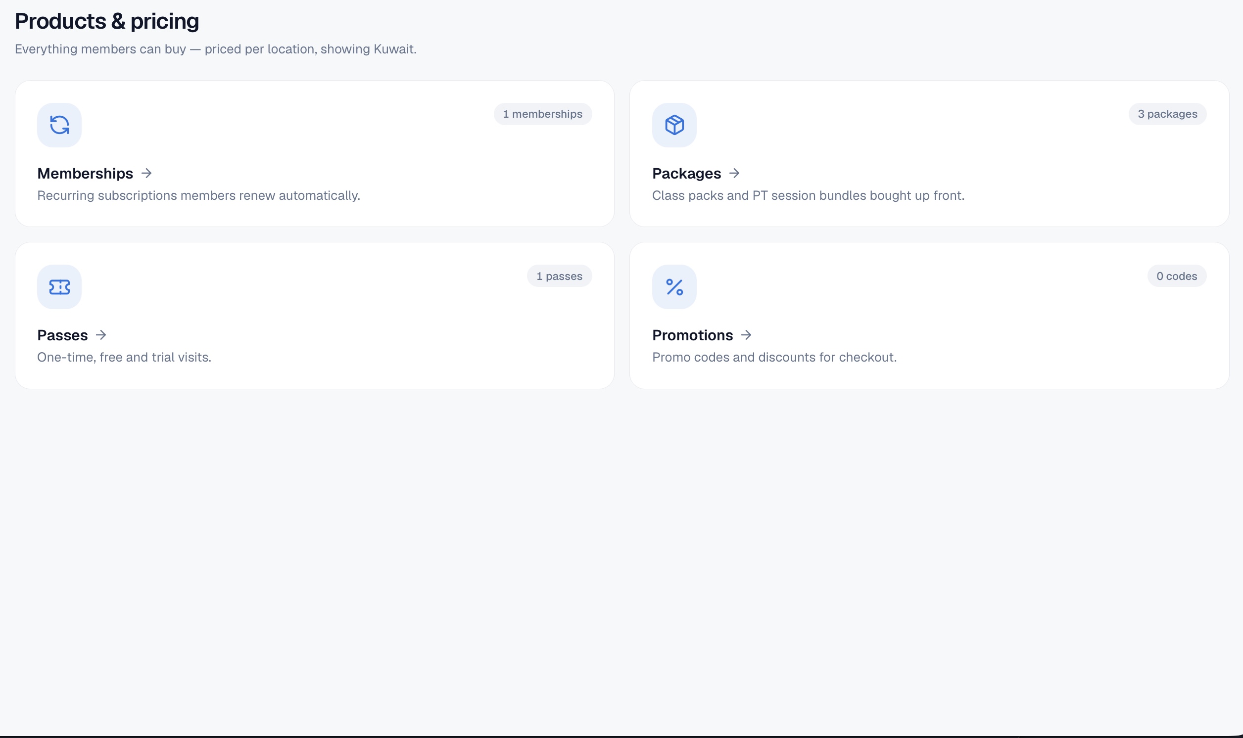 Products — memberships, packages, passes and promotions