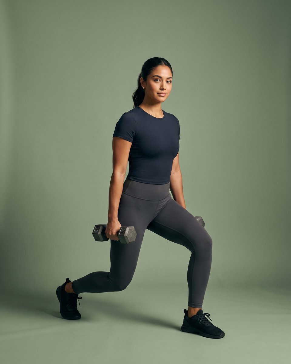 An athlete mid-lunge holding dumbbells